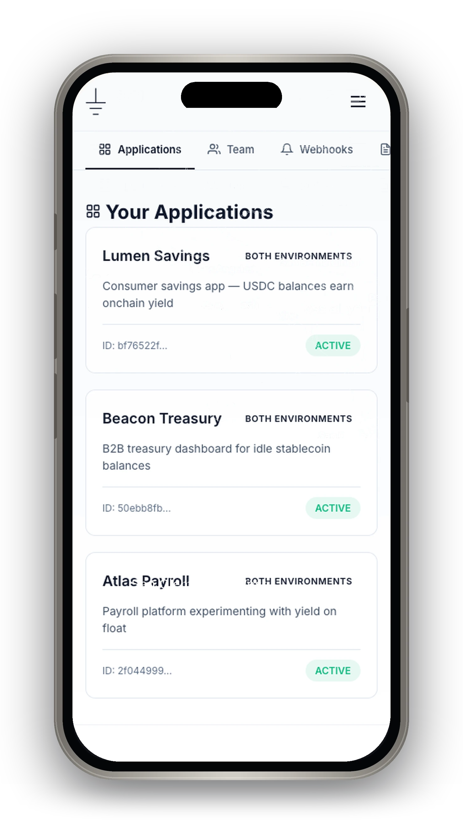 Yield-API developer dashboard on iPhone — Your Applications with Lumen Savings, Beacon Treasury, and Atlas Payroll active