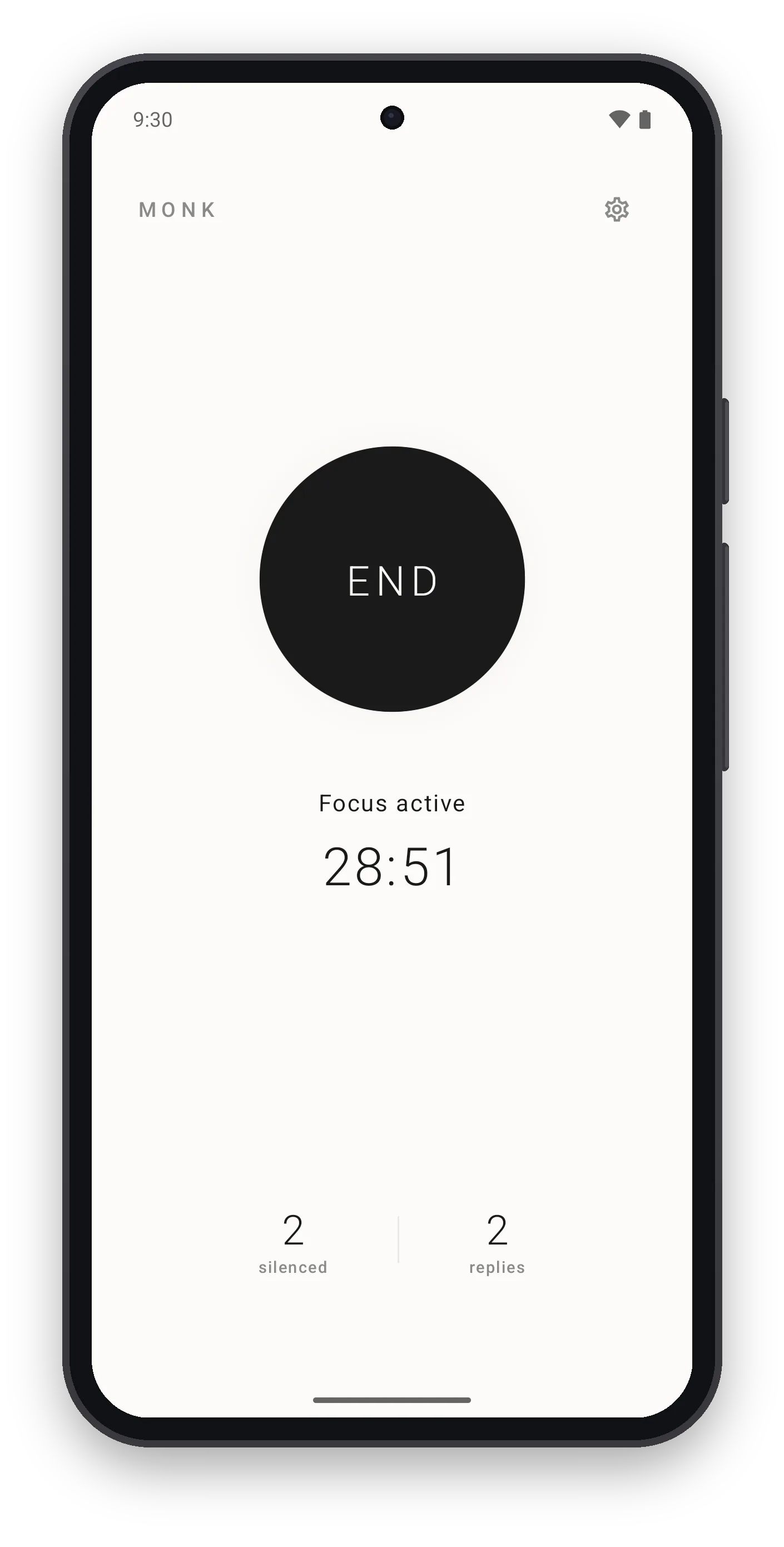 Monk — an active focus session on a Pixel 8: the ink-black END orb, a live countdown, and counters showing messages silenced and replies sent