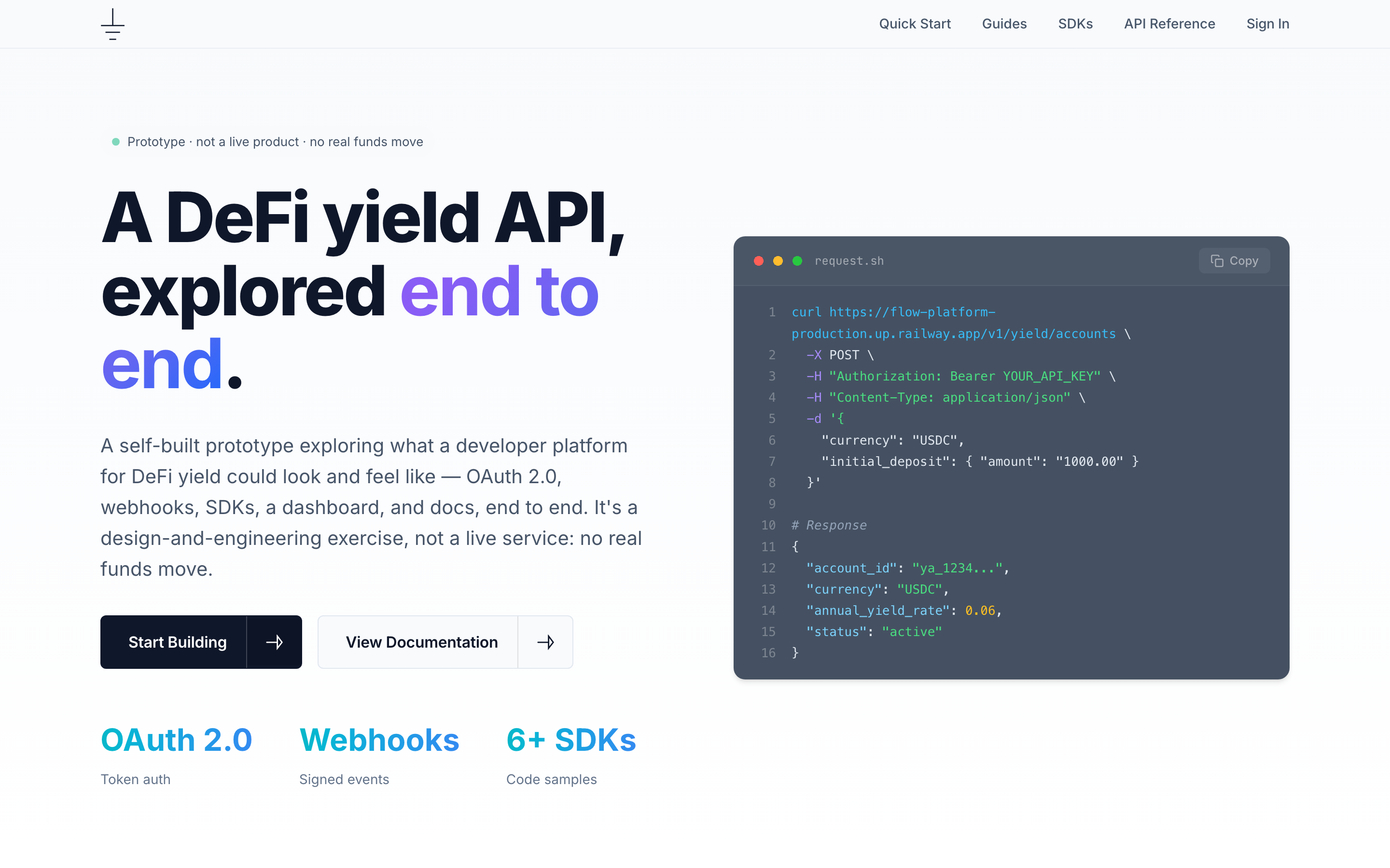 Developer platform prototype — homepage with a live API code example and OAuth, webhooks, and SDK features
