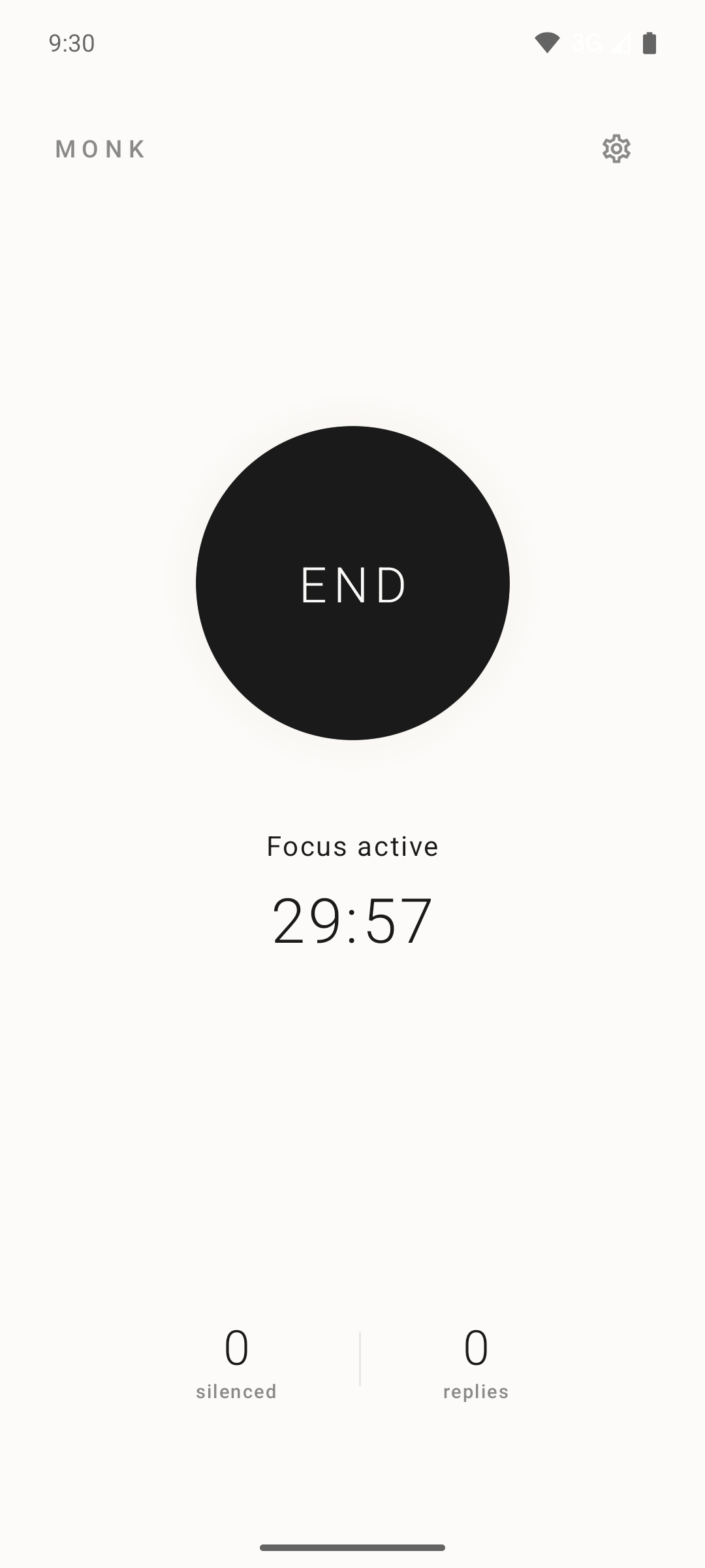 Monk active focus session: an END orb, a live countdown, and silenced and replies counters